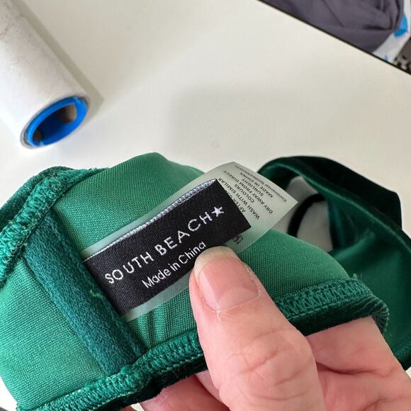 South Beach Forest Green Jade Velvet V-Cutout Bikini Top Gold Hardware 6 - Picture 9 of 13